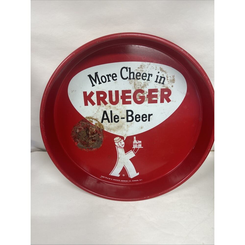 Vintage Krueger More Cheer in Ale-Beer Round Red Metal Tray 13" VGC